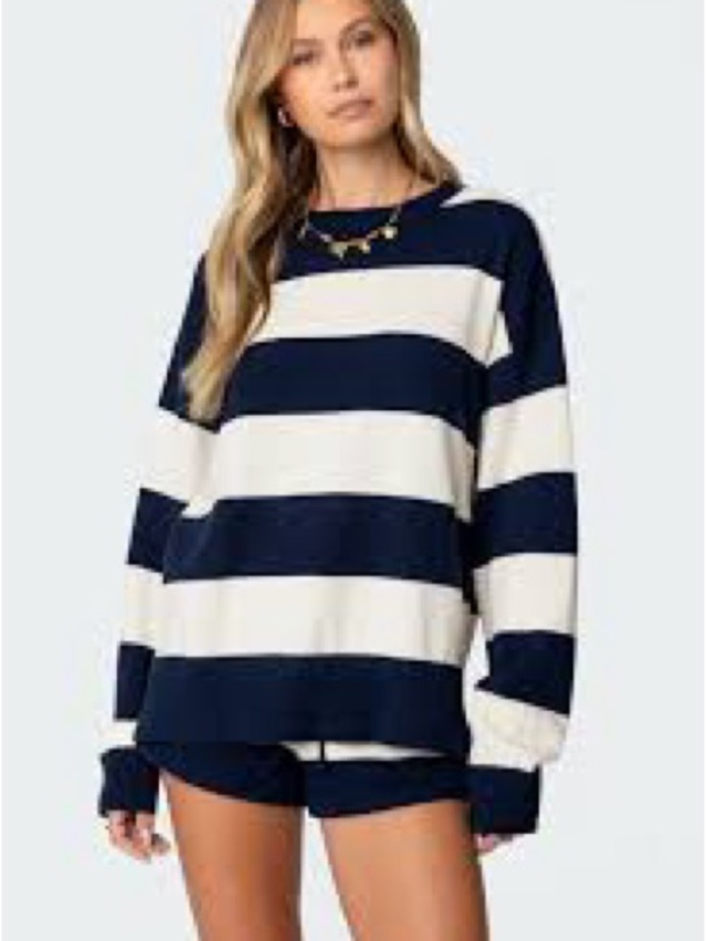 Edikted Navy and White Striped Oversized Sweater